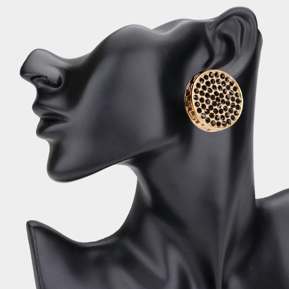 Jet Black Gold Greek Key Patterned Rhinestone Crystal Round Stud Earrings